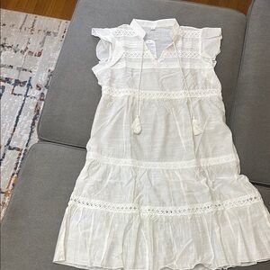 White Ruffled Tiered Sundress with Mandarin Collar